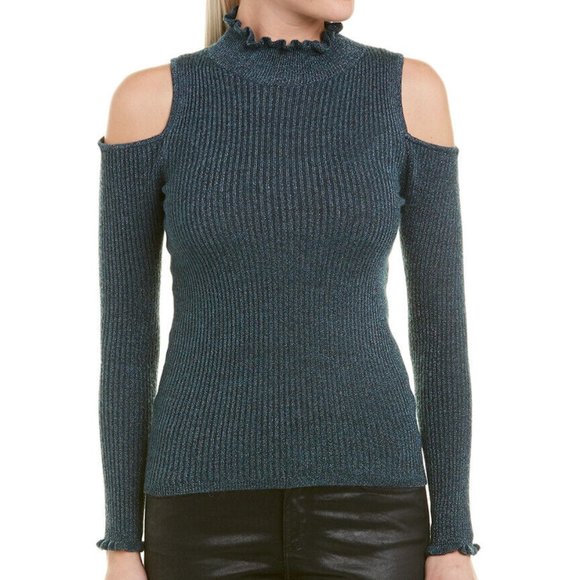 Rebecca Taylor Sweaters - NEW REBECCA TAYLOR Open-Shoulder Metallic Ribbed Pullover Sweater in Blue size M